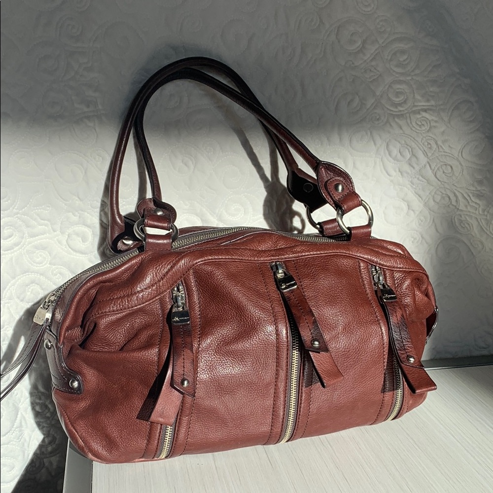 B Makowsky Brown Leather Handbag with Zipper Accents